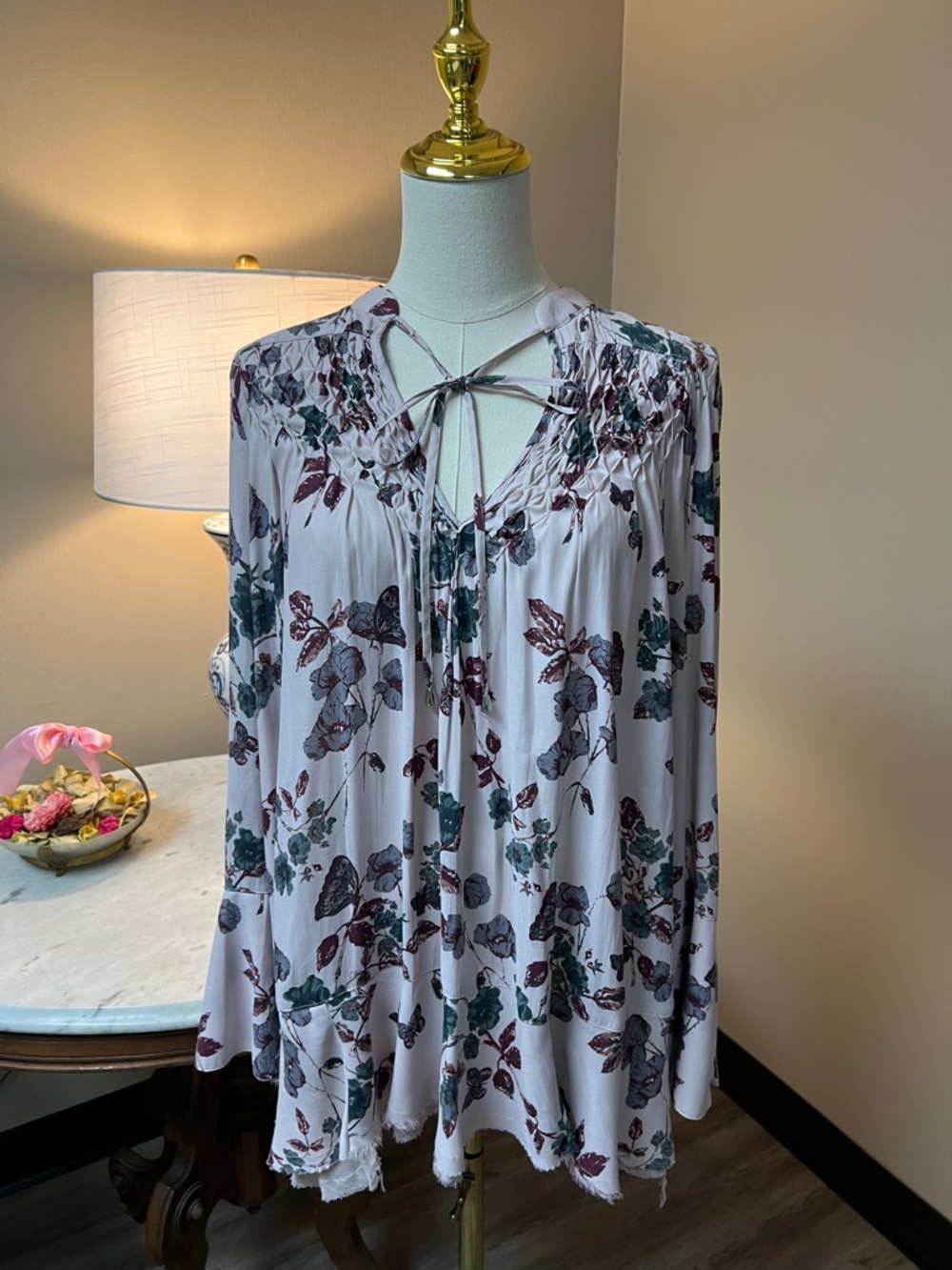 Free People Blush Floral Tie-Neck Peasant Top with Green & Burgundy Print